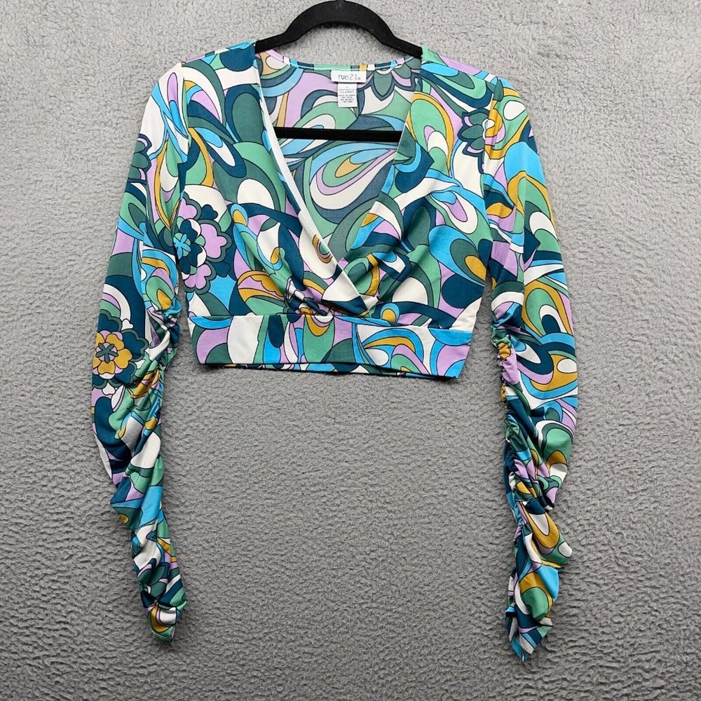 Rue21 Womens Crop Blouse Multicolor Trippy Y2K Stretch Long Sleeve V-Neck